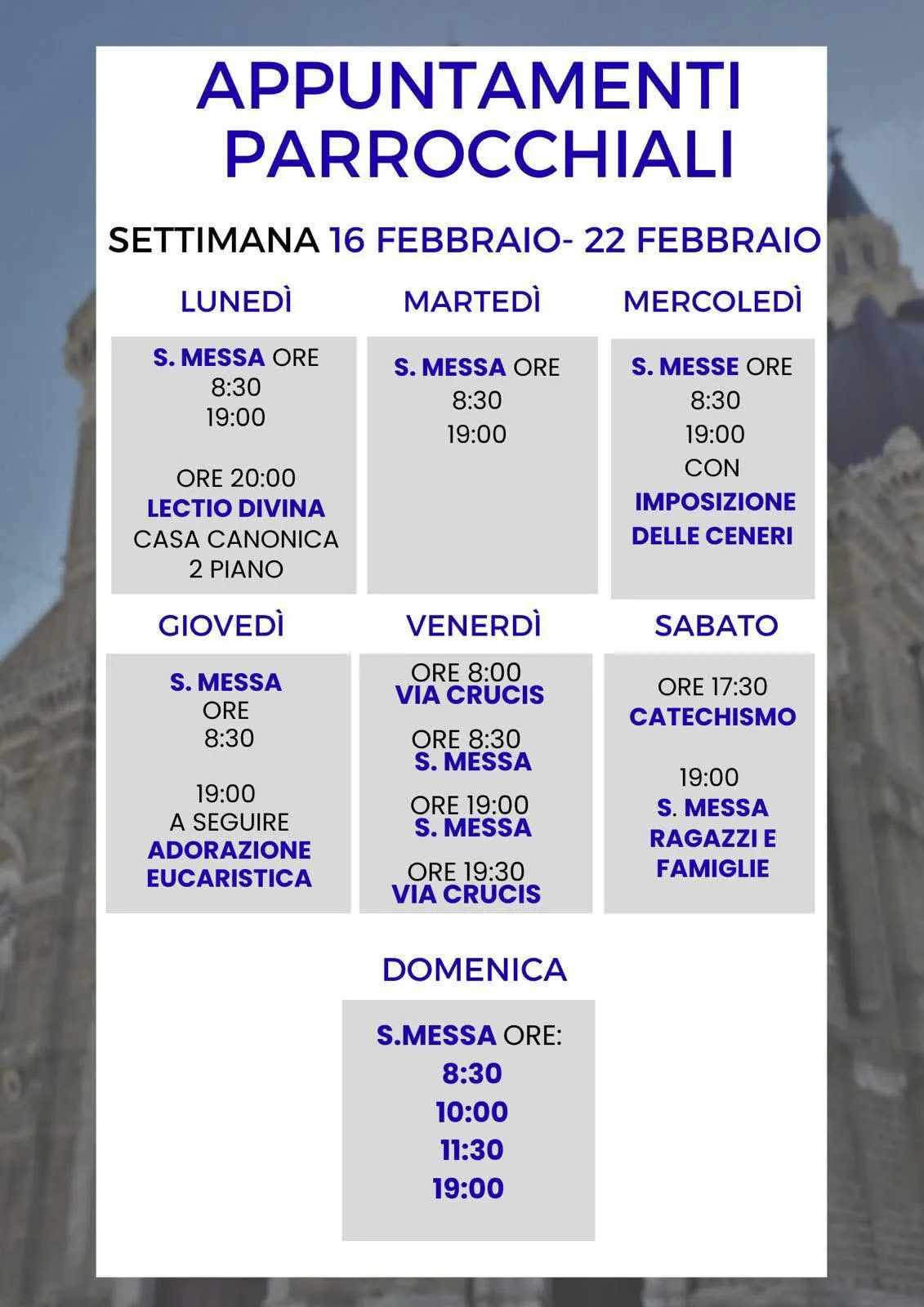 Appuntamenti parrocchiali Duomo di Cerignola – settimana 16 22 febbraio
